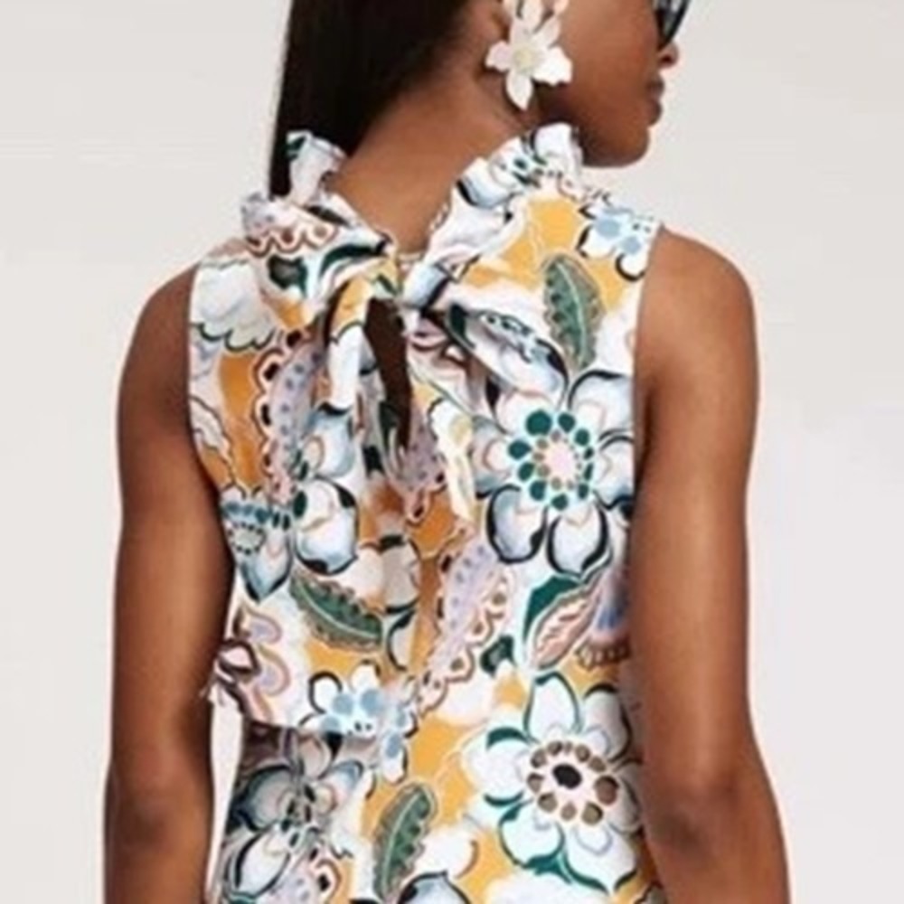 Tyler Boe Womens Medium Stella Mecho Floral Ruffle Neck Back Bow Floral Tank Top - Picture 2 of 16